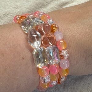 Handmade Vibrant Glass Beaded Bracelet Set with Pink and Orange Accents